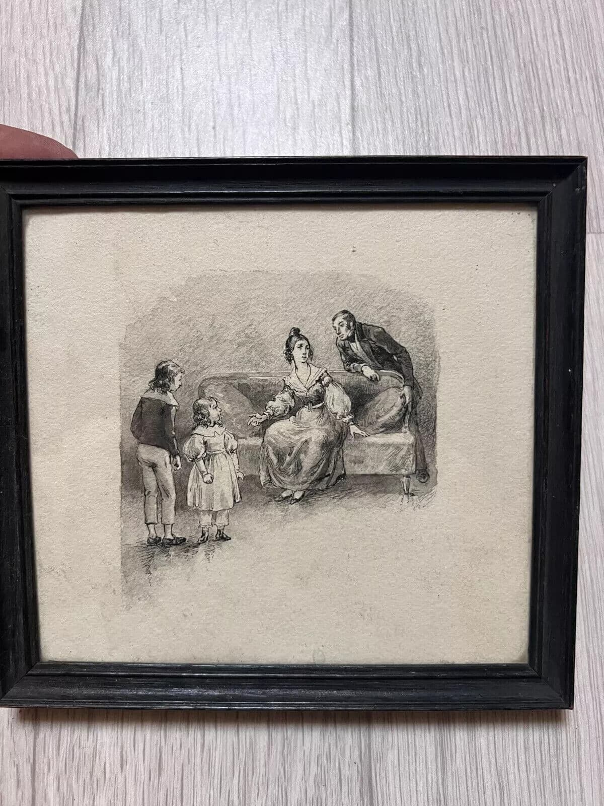 Antique Pencil Drawing 19th century Original Family, Children, Portrait image 6