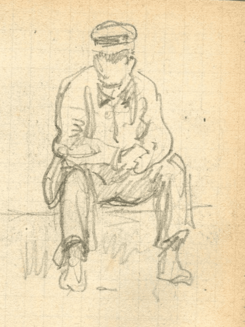 Antique Pencil Original Drawing signed Sketch Men Sitting image 4