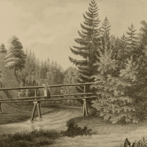 Antique Ink Drawing Original 19th century Woman on a Bridge by a Forest image 5