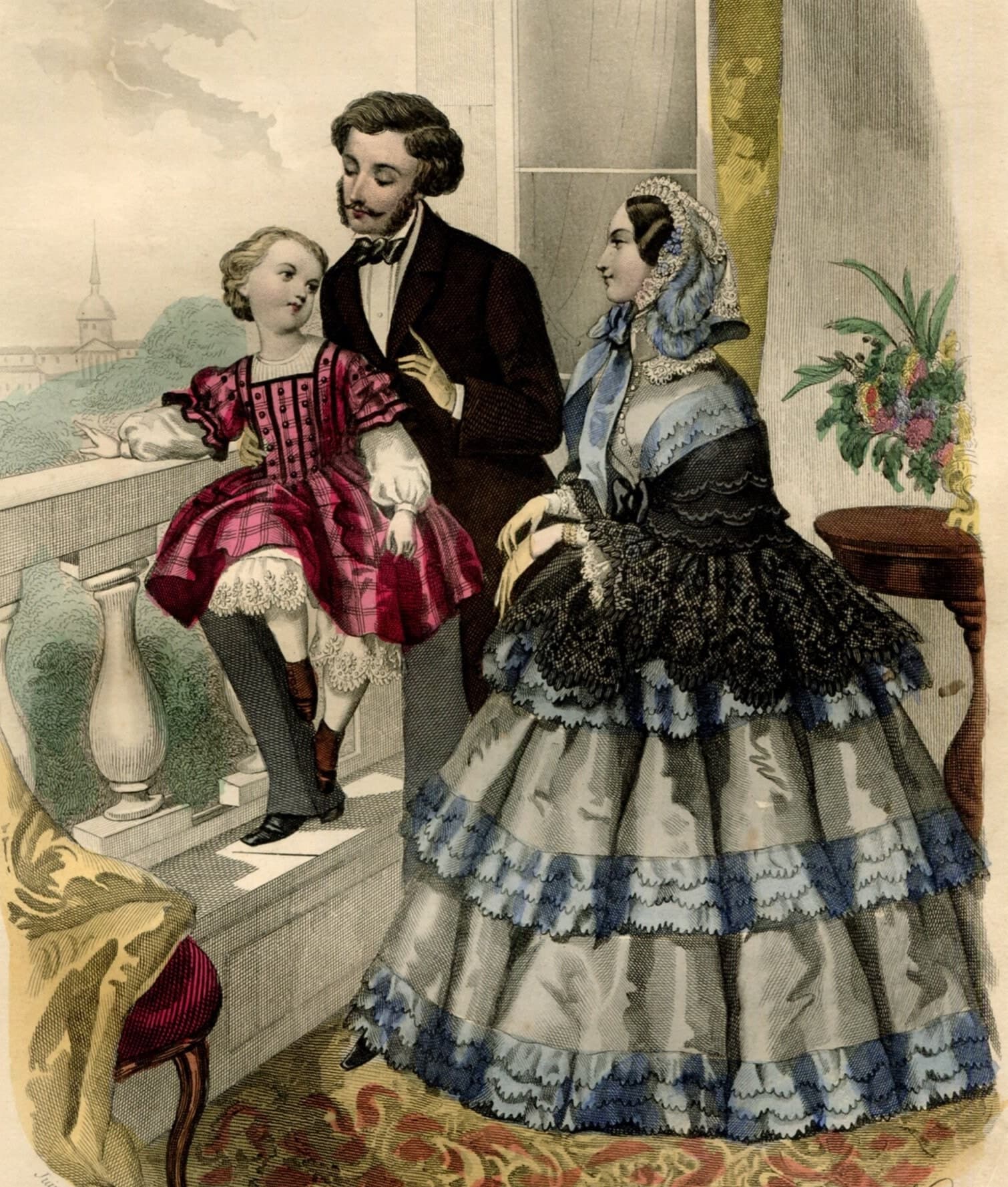 Antique French Fashion Engraving – Modes Vraies, Travail en Famille – 19th image 1