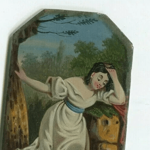 Antique Miniature Painting signed Genre Scene Woman Bathing by the Water image 2