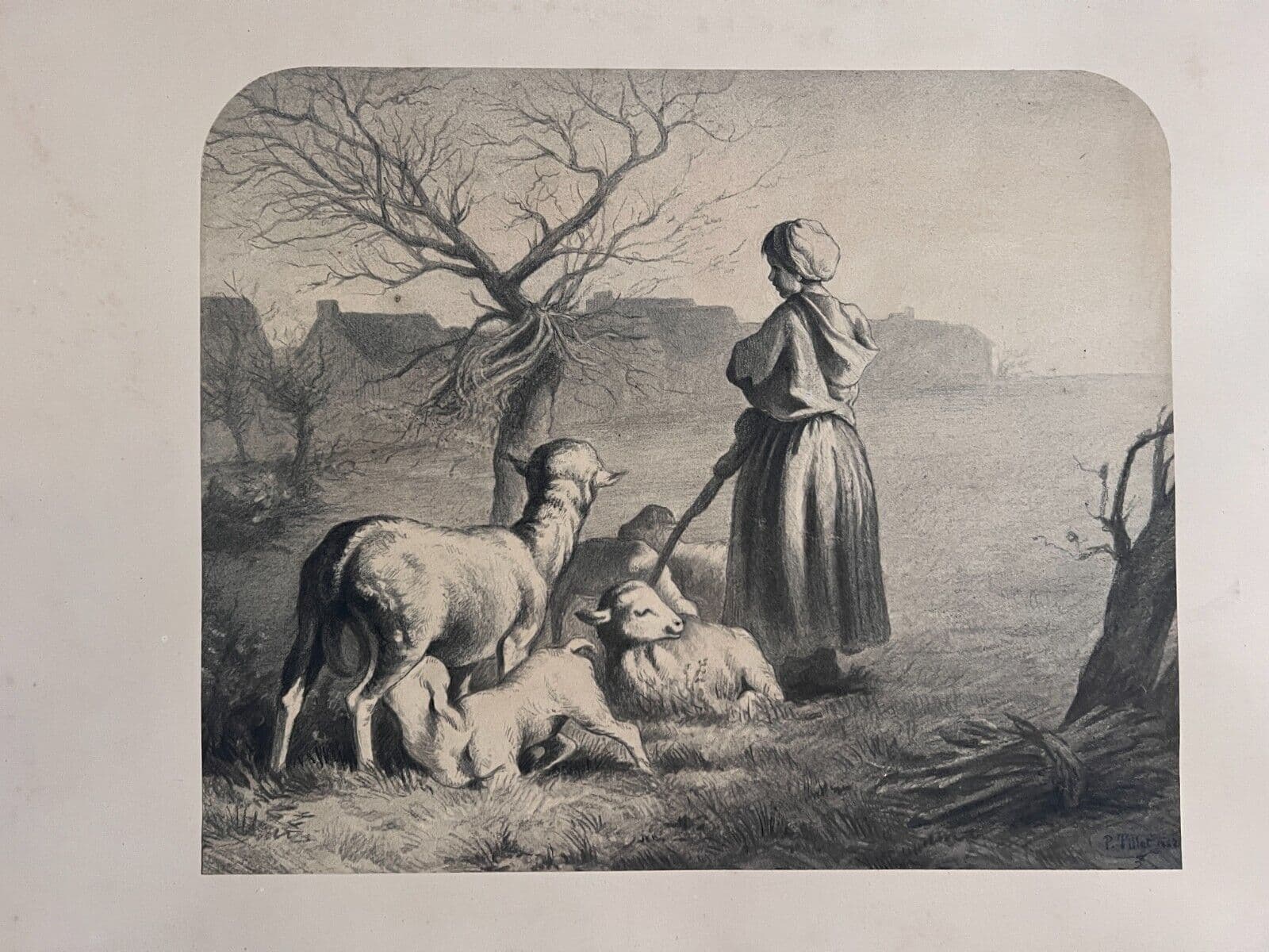 Antique Drawing Original Farmer, Sheep, Landscape, Farmer, Work 1853 image 2
