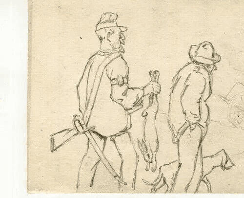 Vintage Original Pencil Drawing Men Hutting, People, Ducks, Rabbit Artwork image 3