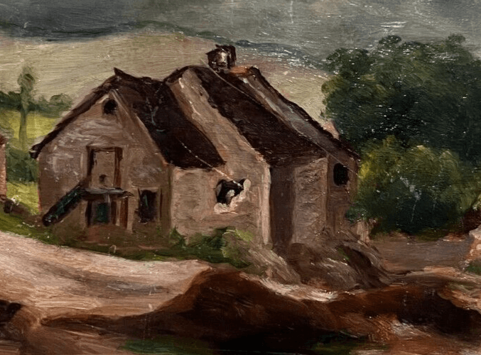 Antique Original Painting Landscape, Optevoz, Houses, People 19th century image 2
