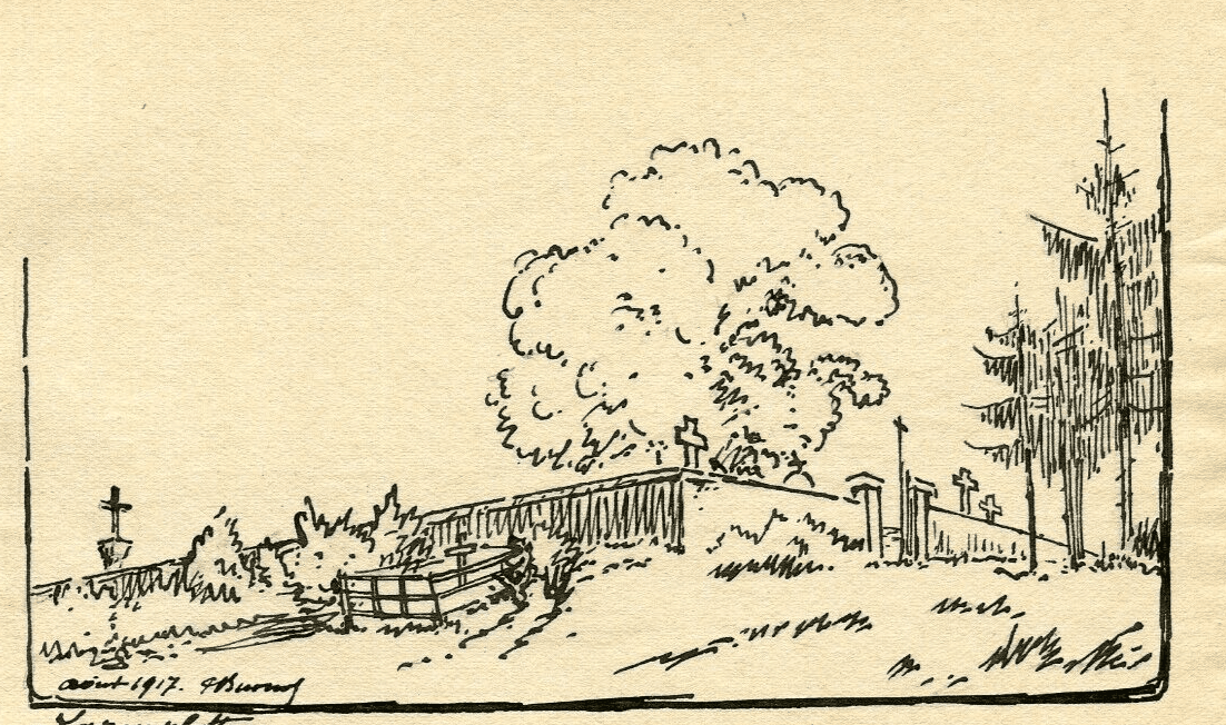 Vintage Ink Drawing Original Landscape Laneuvelotte, Cemetery Lorraine 1917