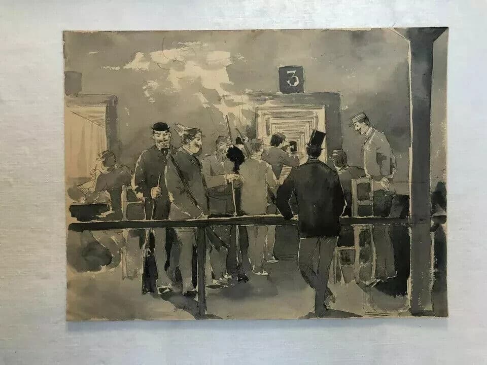 Vintage Ink Drawing 19th century Original Shooting Range, Rifle Artwork image 5