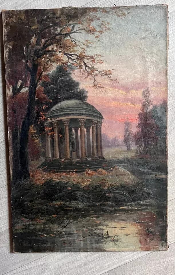 Antique Painting Original Landscape, Architecture, Sunset, Trees signed image 6