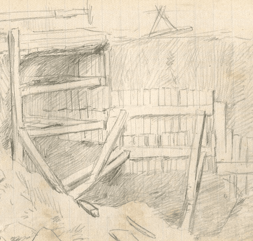 Vintage Pencil Original Drawing Entrance Mine, House, Landscape image 1