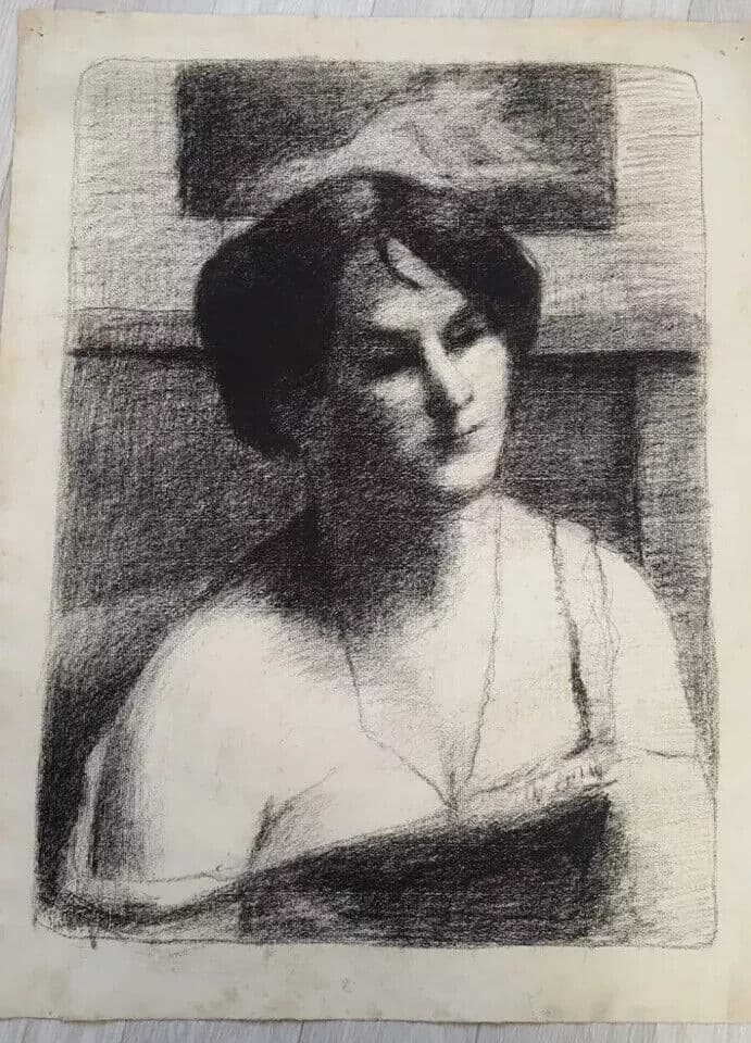 Antique Drawing Charcoal Woman Portrait with Necklace image 8
