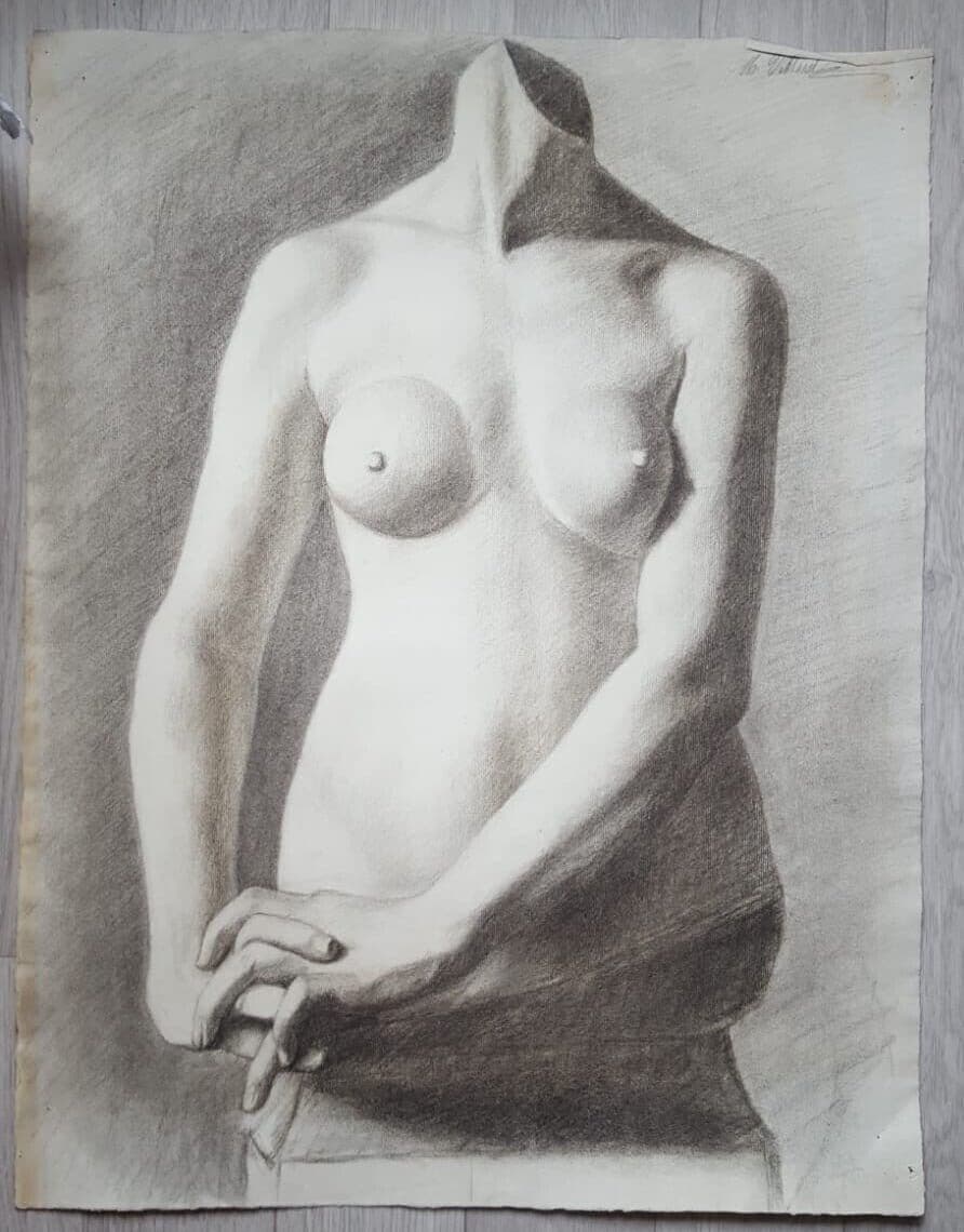 Antique Drawing Charcoal Nude Woman Portrait signed image 2