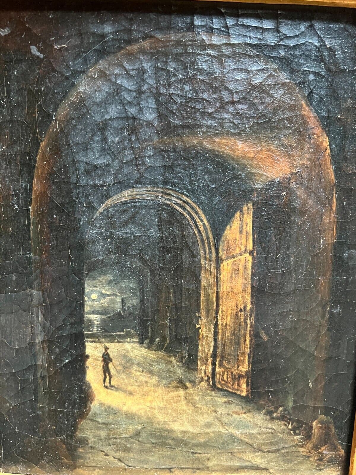 Antique Original Painting Seaview, Man, Port, Cityview, Moon, Night image 1