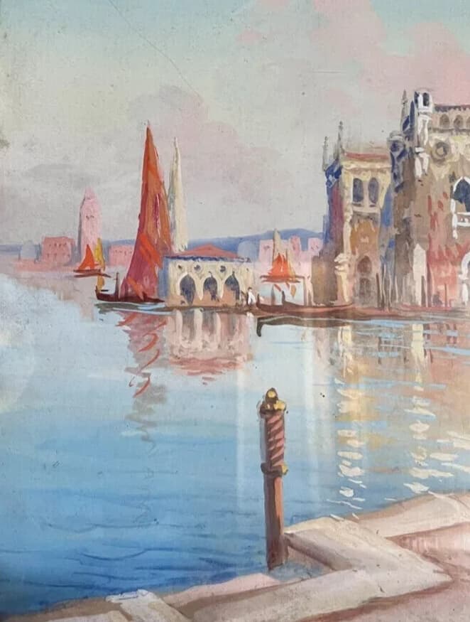 Antique Oil Painting Venice Cityview Landscape Building, Canal, Boat Framed image 3