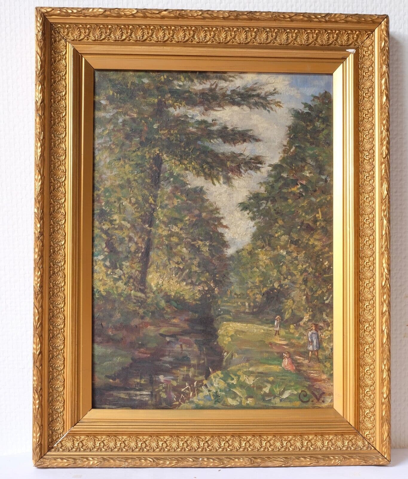 Antique Painting Original Landscape Forest and Children Playing signed image 4