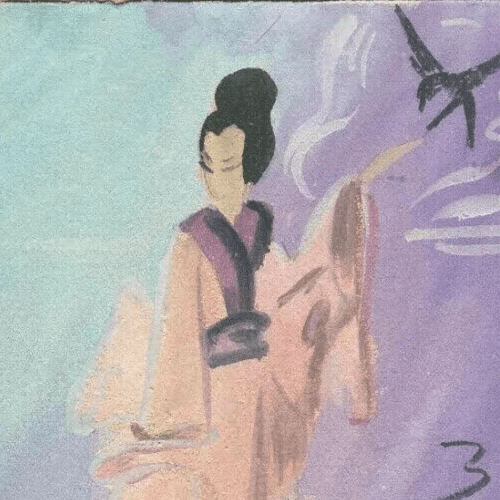 Vintage Drawing Woman Portrait, Asian Figure, Bird, Genre Scene Asian Artwork image 2