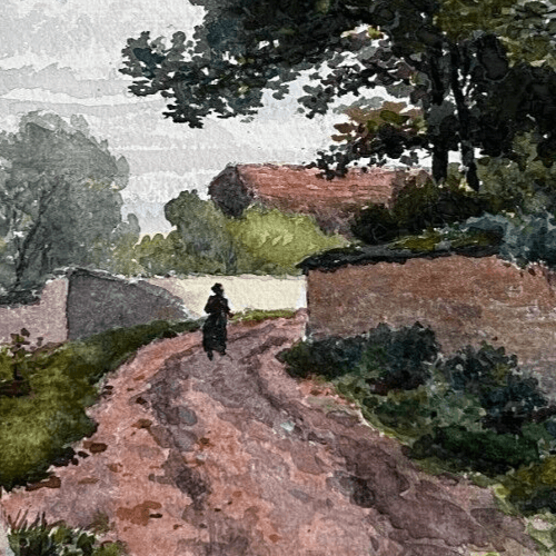 Antique Drawing Original Landscape, Cityview and People image 2
