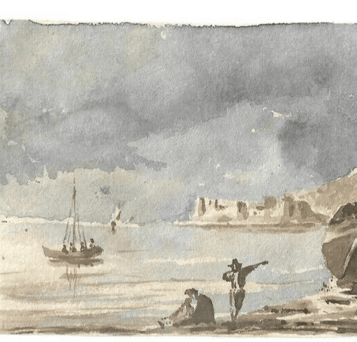 Antique Ink Drawing 19th century Seaview Landscape with Figures image 3