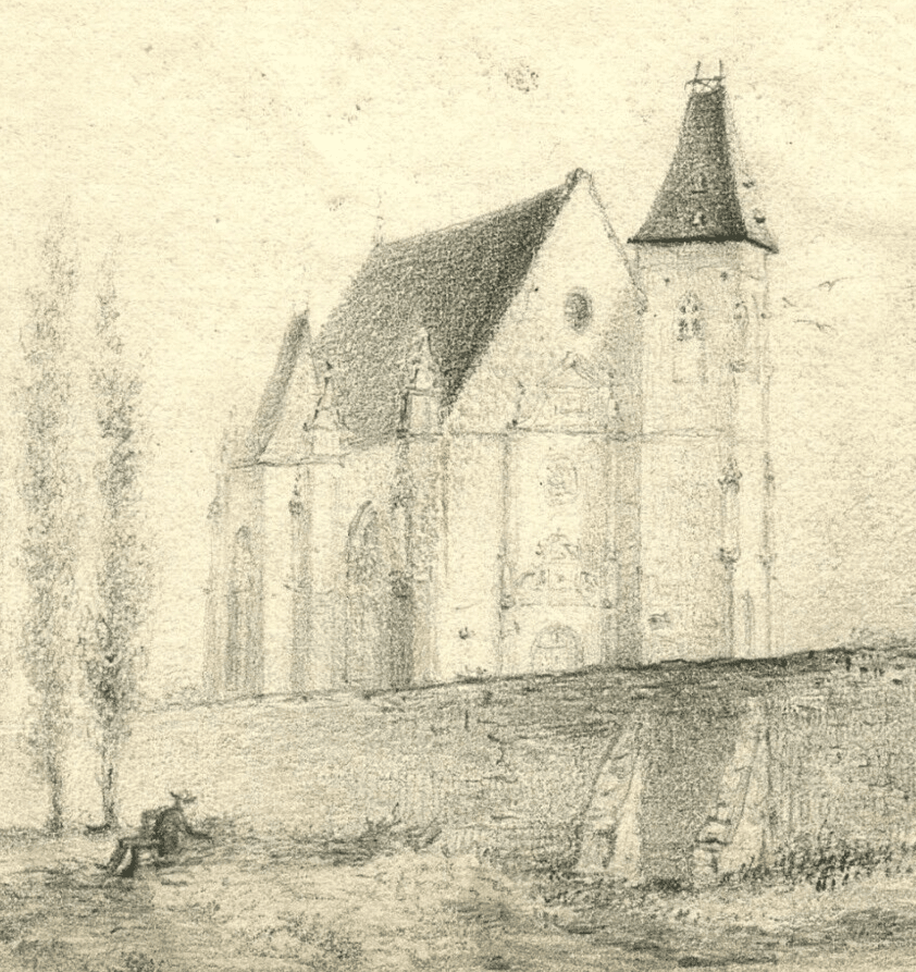 Antique Pencil Original Drawing 19th century Loigny Landscape, Church, People