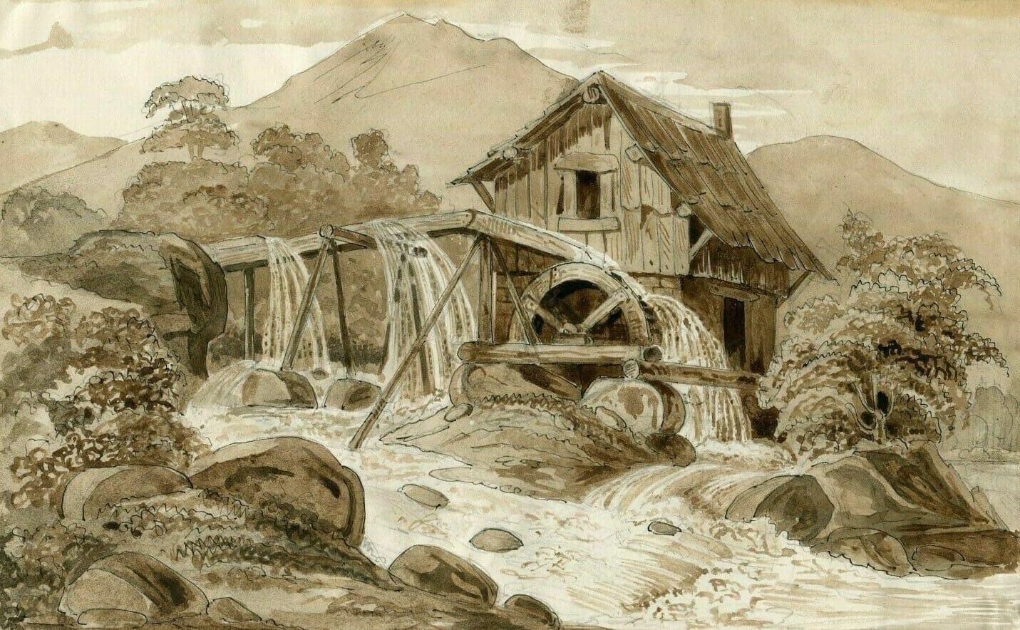 Drawing 19th century Landscape, Mountain, Water Mill image 1