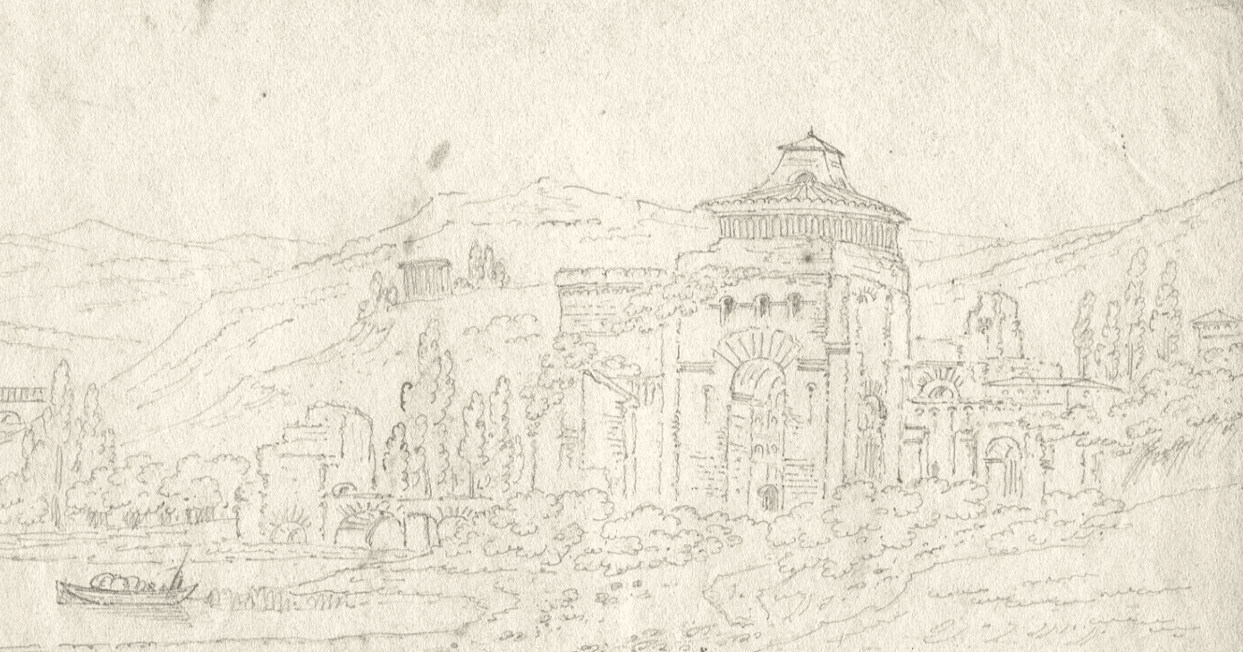 Antique Pencil Drawing Landscape 19th century Building and Boat image 1