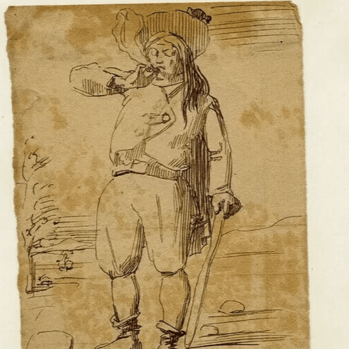 Antique Ink Drawing Original 19th century Man Smocking a Pipe, Flemish image 4