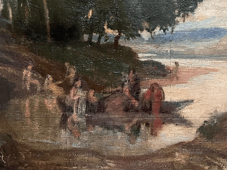 Antique Painting Oil on canvas 19th century Mountain Landscape, People, Trees image 2