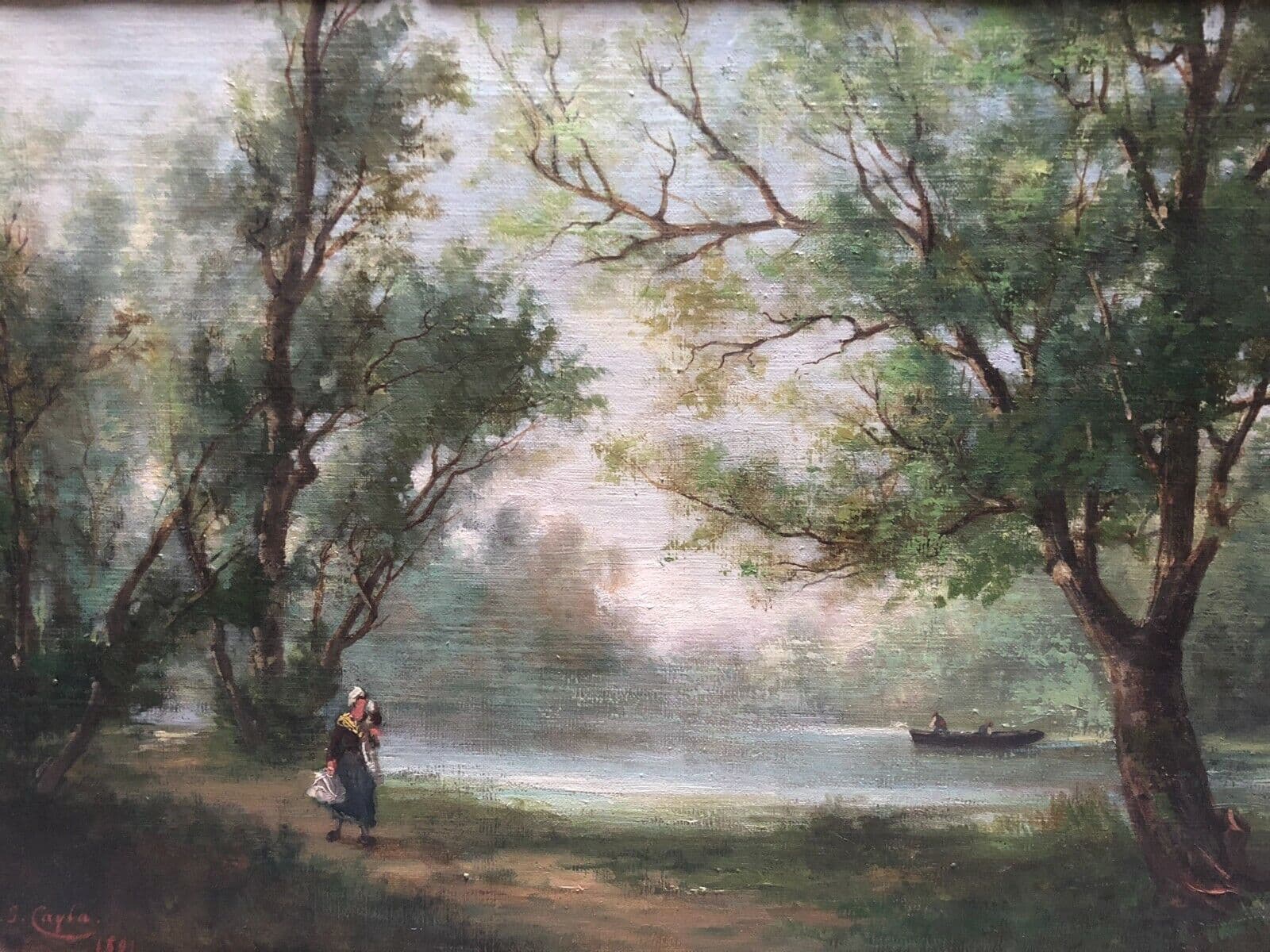 Antique Original Painting signed Jules CAYLA Landscape Barbizon, People
