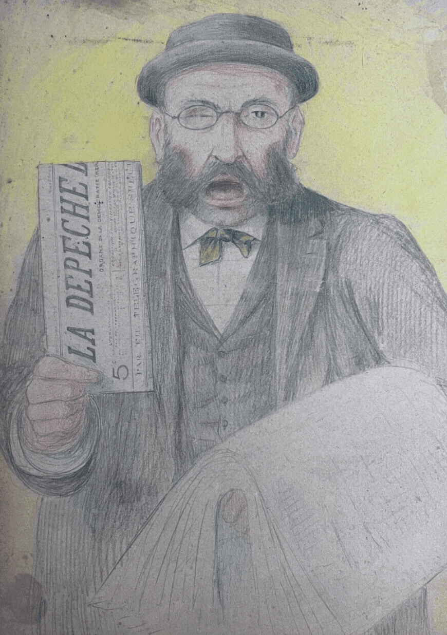 Antique Original Painting Signed Man Portrait, Newspaper, La Depeche image 1