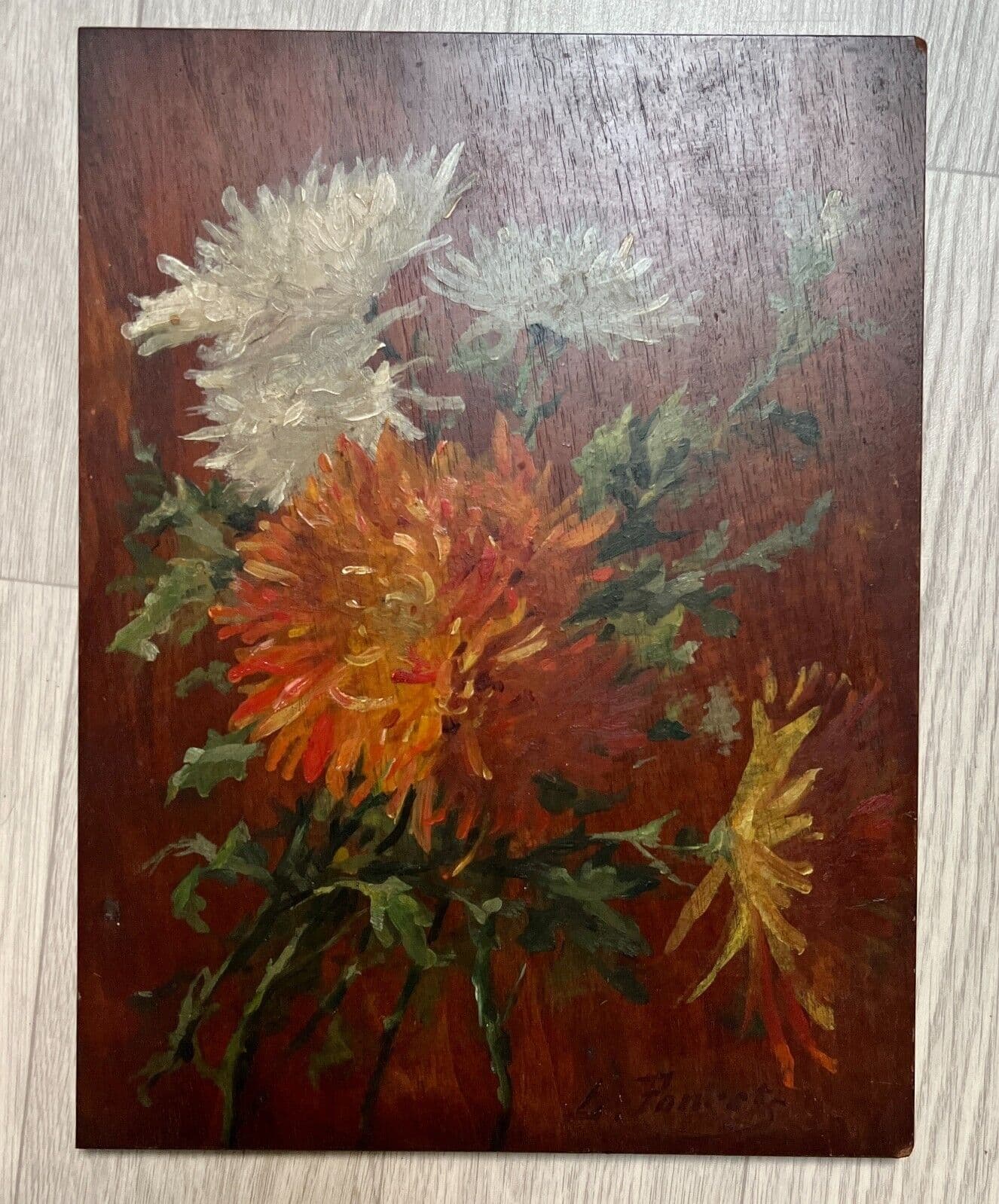 Antique Painting Original by Léopold PONCET (1868-1935) Aster Bouquet image 4