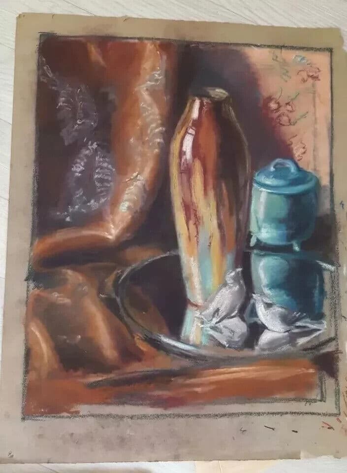 Antique Drawing Pastel Still Life Vase and Sculpture c. 1910 image 6
