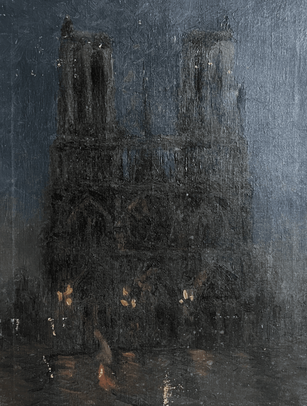 Antique Painting Original Cityview, Church, Notre-Dame de Paris, Night signed