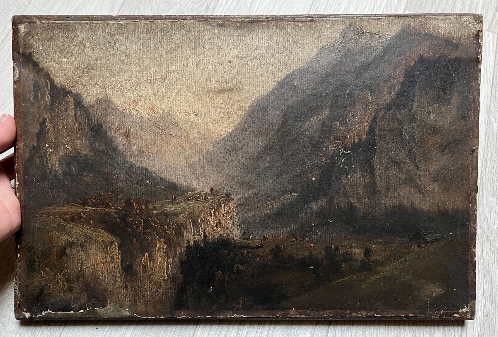 Antique Original Painting Landscape, Mountain, People, Alps 19th century image 2
