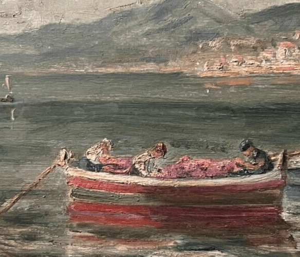 Antique Original Painting signed Eugene BOUCHE Seaview, Boat, People image 2