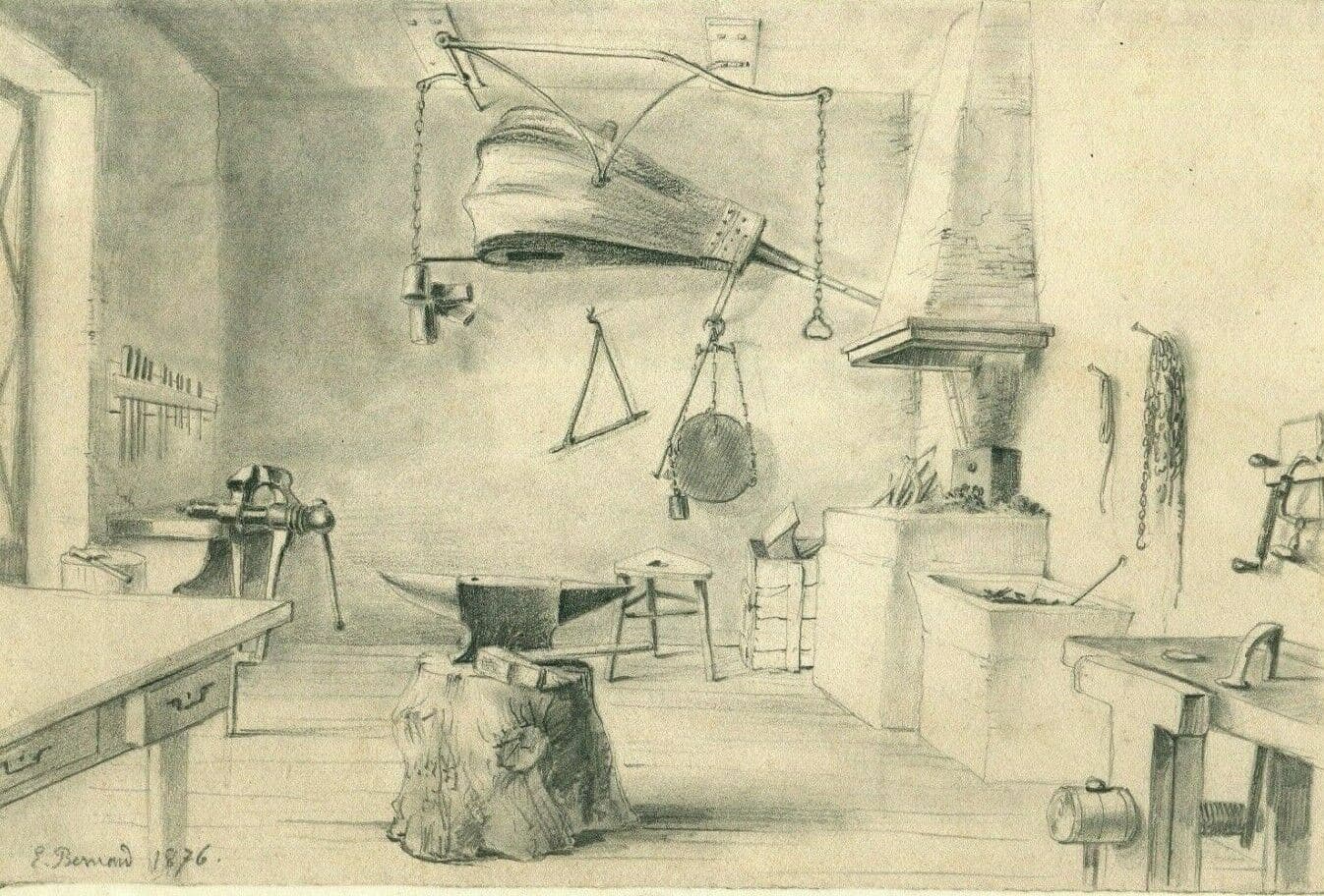 Antique Pencil Original Drawing Atelier of Lignon, House 19th century 1876 image 1