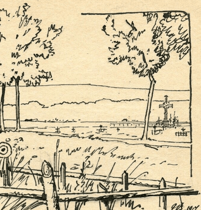 Vintage Ink Original Drawing Champenoux Cemetery Landscape Artwork image 4