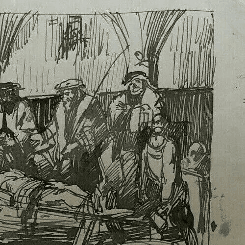 Antique Ink Drawing Original Consulat Men, Dead Body image 4