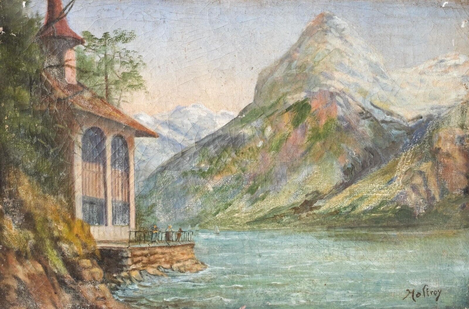 Antique Original Painting signed Mountain Landscape, Lake and Boat image 1
