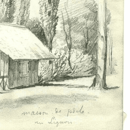 Antique Pencil Drawing House of Poche in Lignon, Landscape image 4