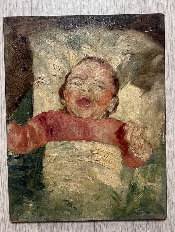 Vintage Oil Original Painting signed Baby Portrait Crying image 2