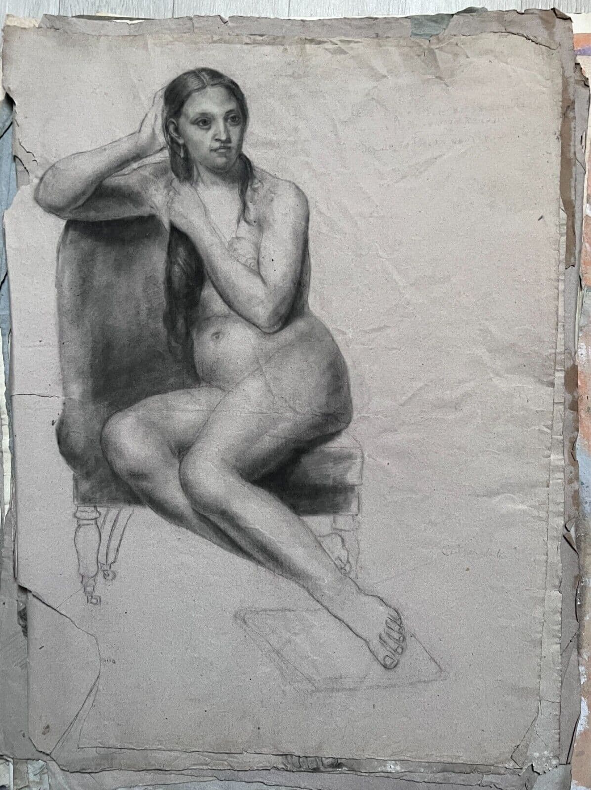 Antique Drawing Charcoal Nude Woman Portrait 19th century c 1860 image 5
