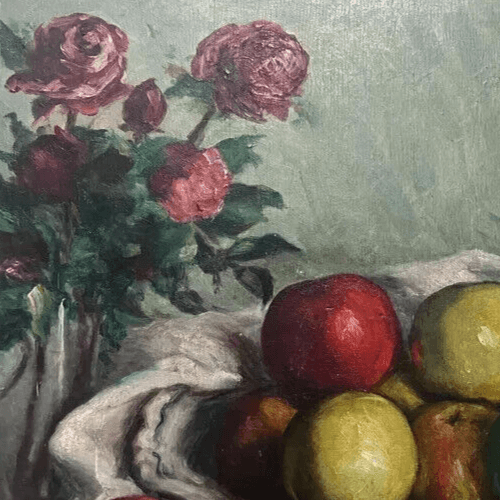 Antique Oil Old Original Painting Apples and Flowers Bouquet, Still Life image 3