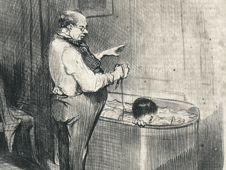 Antique Print 19th century Daumier, Les Papas, Lecon de Natation image 5