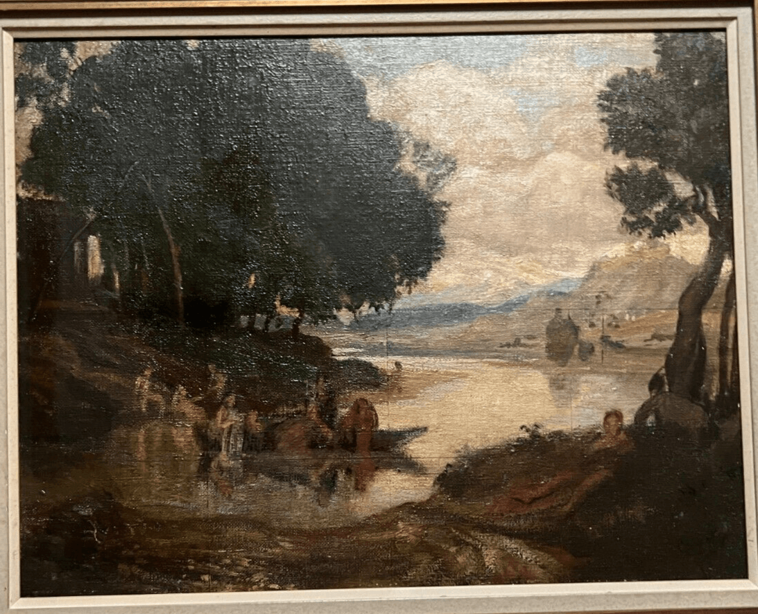 Antique Painting Oil on canvas 19th century Mountain Landscape, People, Trees image 3