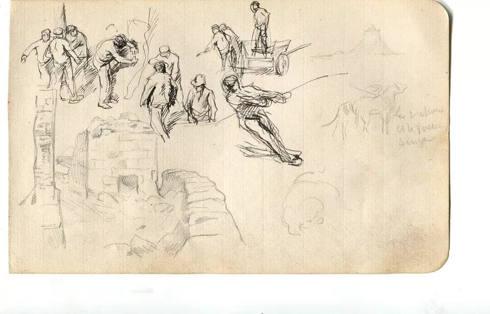 Antique Vintage Ink Pencil Drawing Original Ruin, Sketch People Artwork image 5