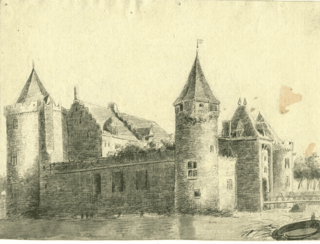 Antique Pencil Drawing Landscape, Castle, Architecture Original 19th image 1