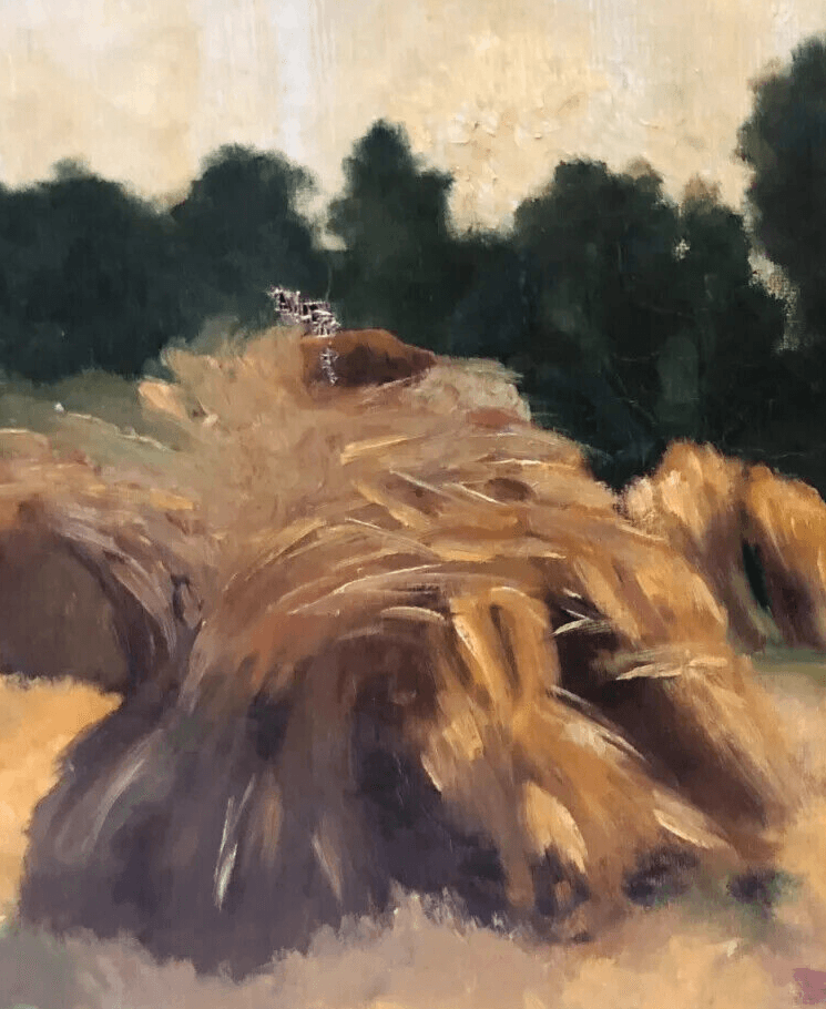 Antique Oil on canvas Old Painting Landscape, Hay, Fields image 3