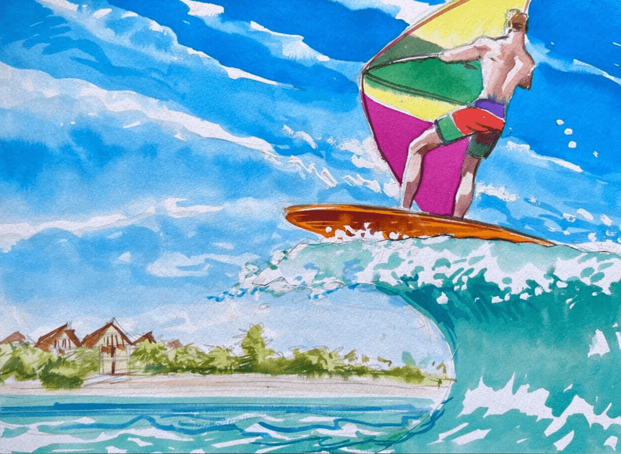 Vintage Ink Original Drawing Man Surfing, Sea, Holidays, Vacation image 1