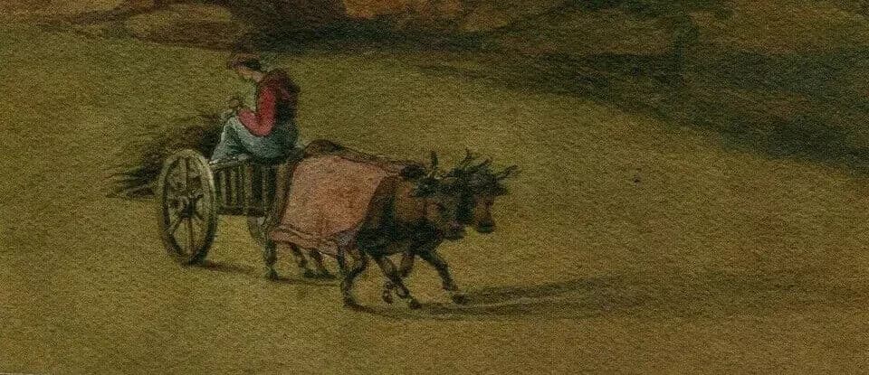 Antique Drawing 19th century Original Farmer with Beefs image 3