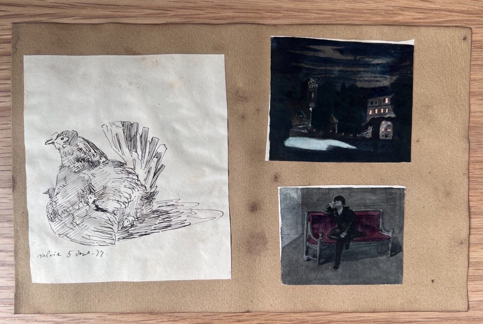 Antique Original Drawing Landscape, Chicken, Woman, Portrait 19th century image 6