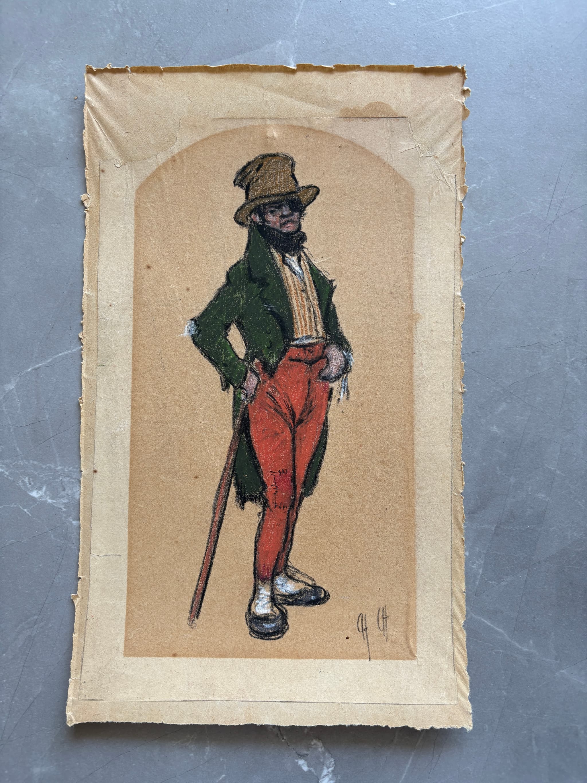 Drawing 19th century Man Portrait Cane and Hat image 3