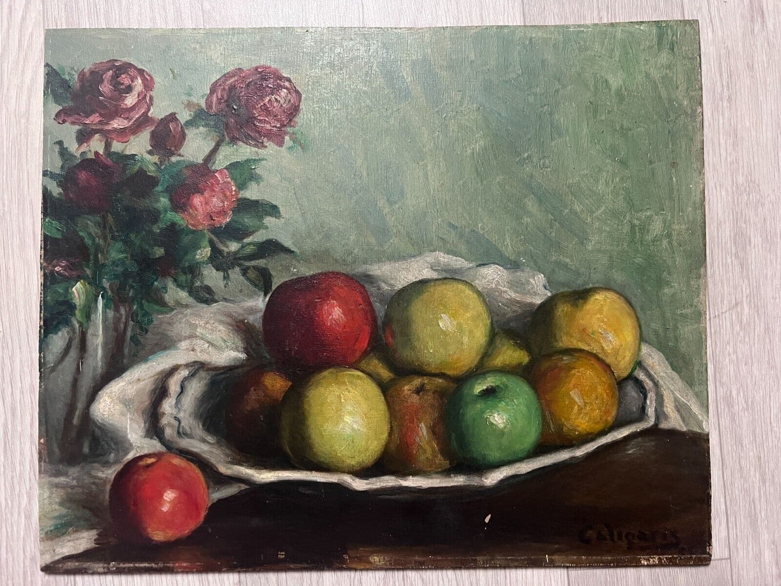 Antique Oil Old Original Painting Apples and Flowers Bouquet, Still Life image 6